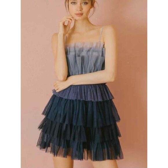 Storia Blue Ombre Colorblock Tulle Ruffle Layered Dress Party Cocktail Small - Picture 6 of 8